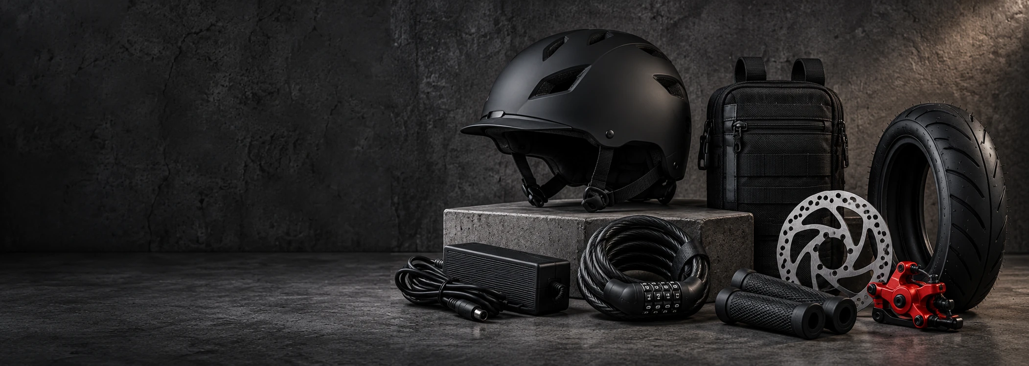 Conjunto de casco negro, bolsa de manillar, candado, cargador y componentes sobre un fondo de hormigón oscuro