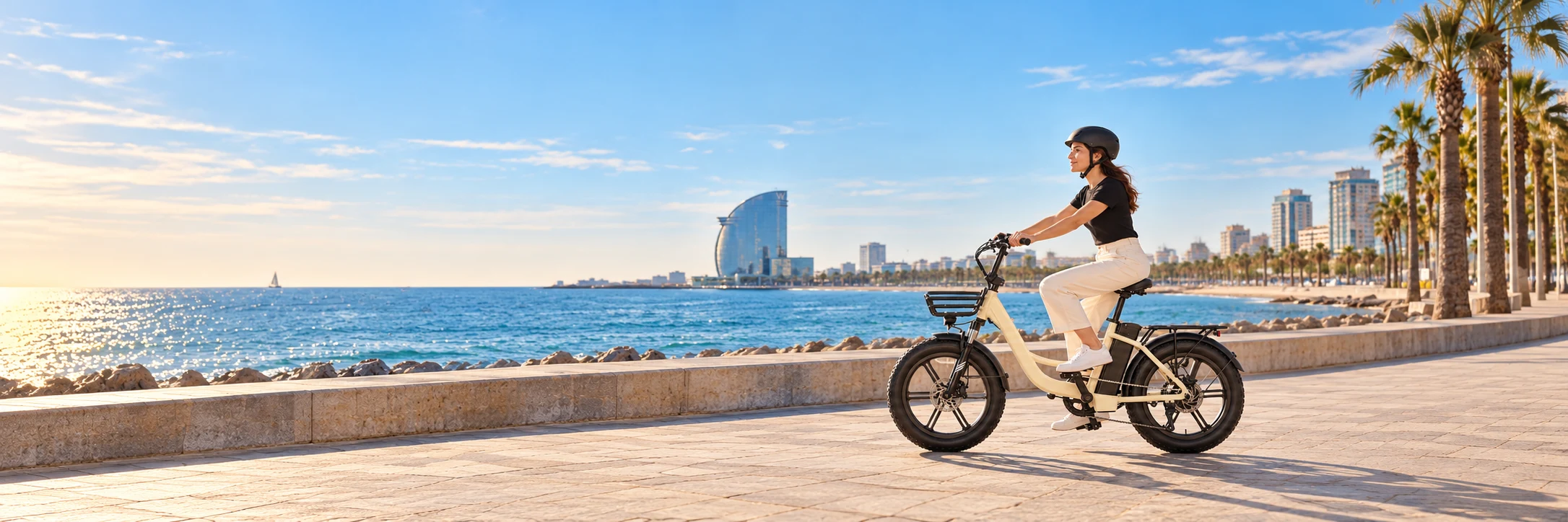 Una ciclista con una e-bike de cuadro bajo en el paseo marítimo de Barcelona