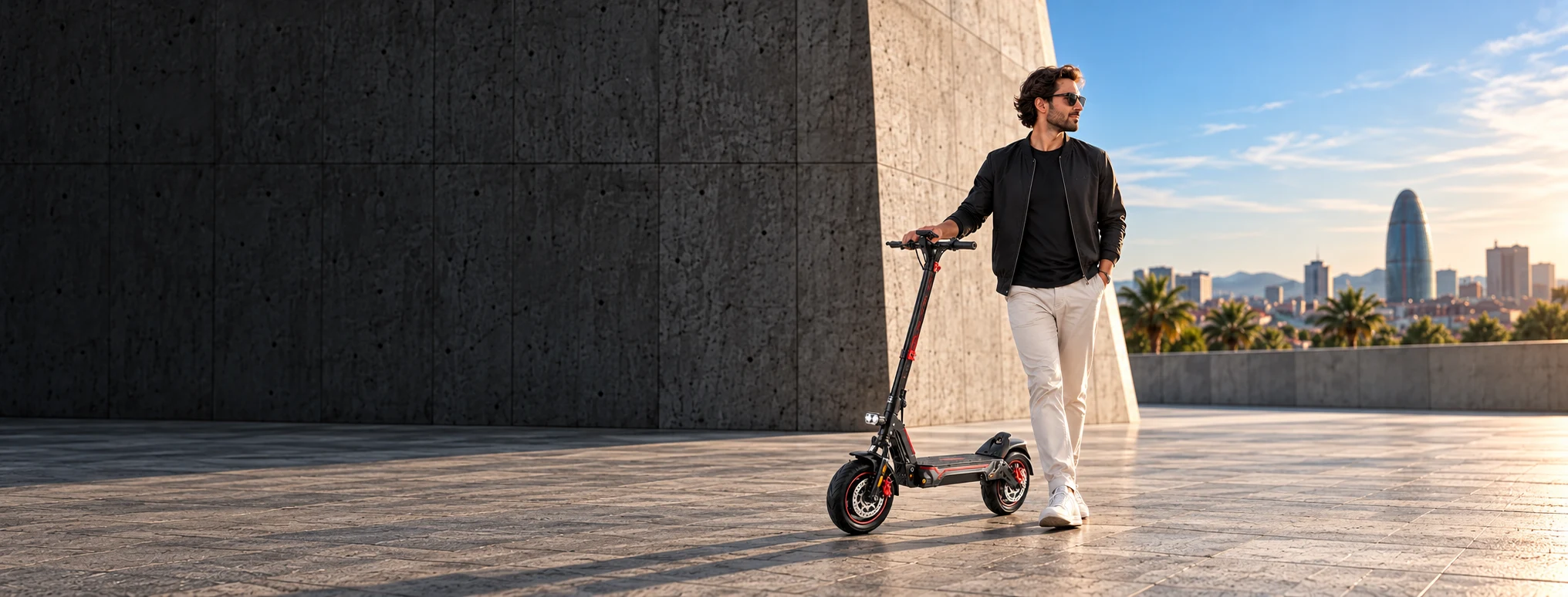Un rider junto a su patinete en una plaza de hormigón con Barcelona al fondo
