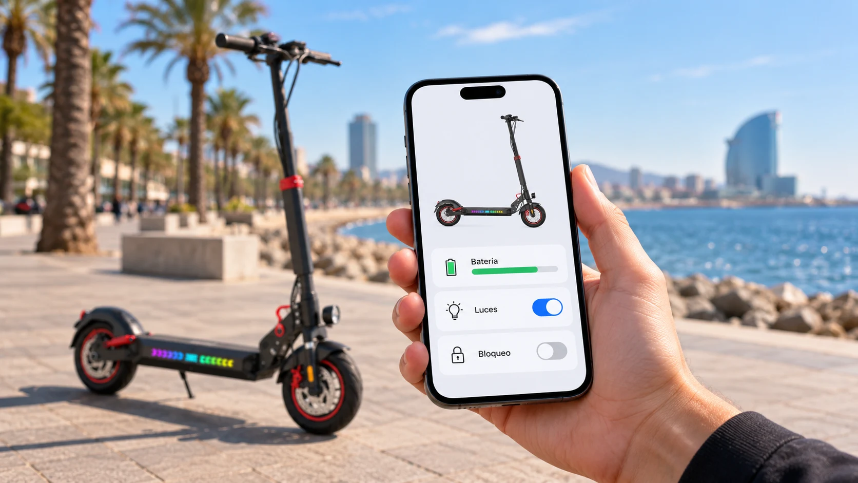 Un smartphone con una interfaz de movilidad junto a un patinete en el paseo marítimo