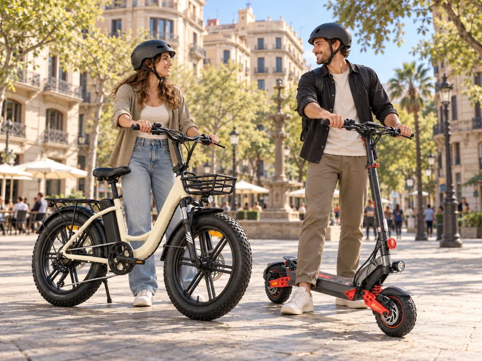 Dos amigos con un patinete eléctrico Zwheel y una bicicleta eléctrica Urban en Barcelona