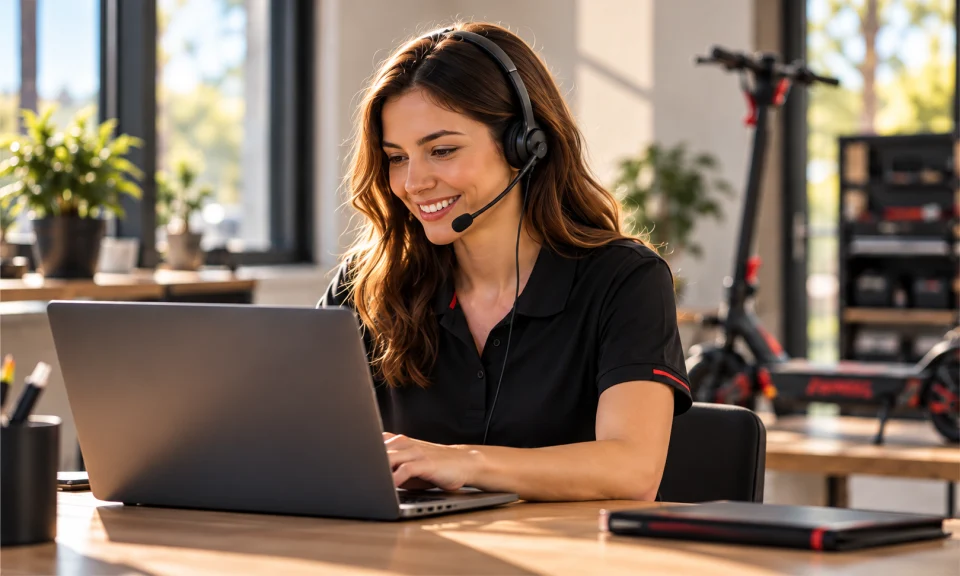 Asesora con auriculares atendiendo una consulta desde su portátil.