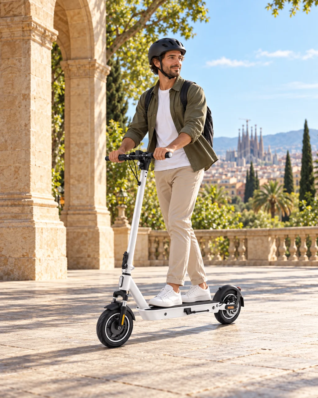 Un hombre con casco recorre Barcelona en un patinete plateado