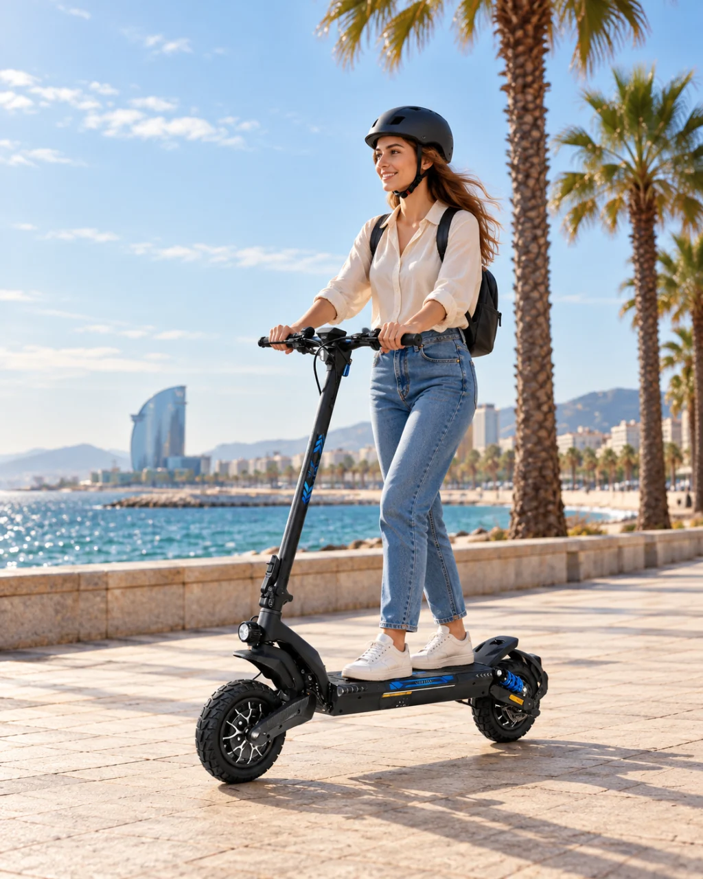 Una mujer con casco en patinete junto al mar en Barcelona