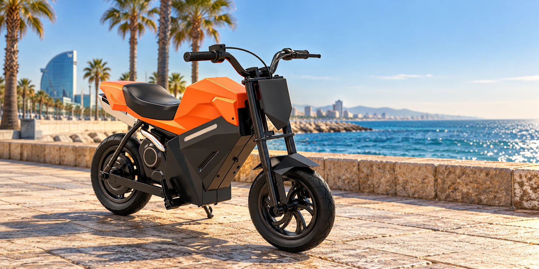 Mini moto eléctrica naranja junto al mar y las palmeras de Barcelona