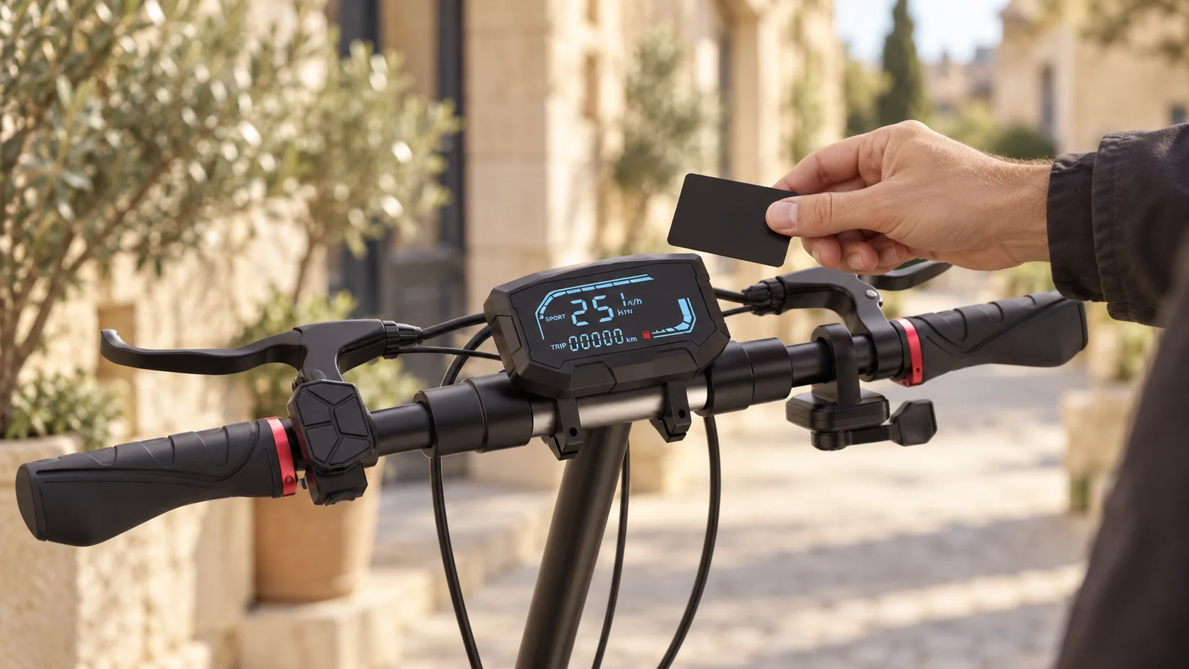 Una tarjeta NFC acercándose al lector del manillar de un patinete Zwheel