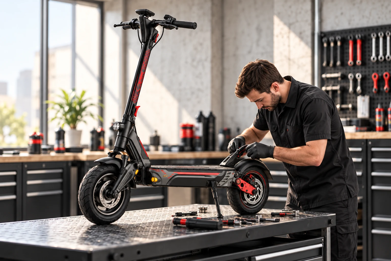 Un técnico revisa el freno de un patinete Zwheel en un taller luminoso