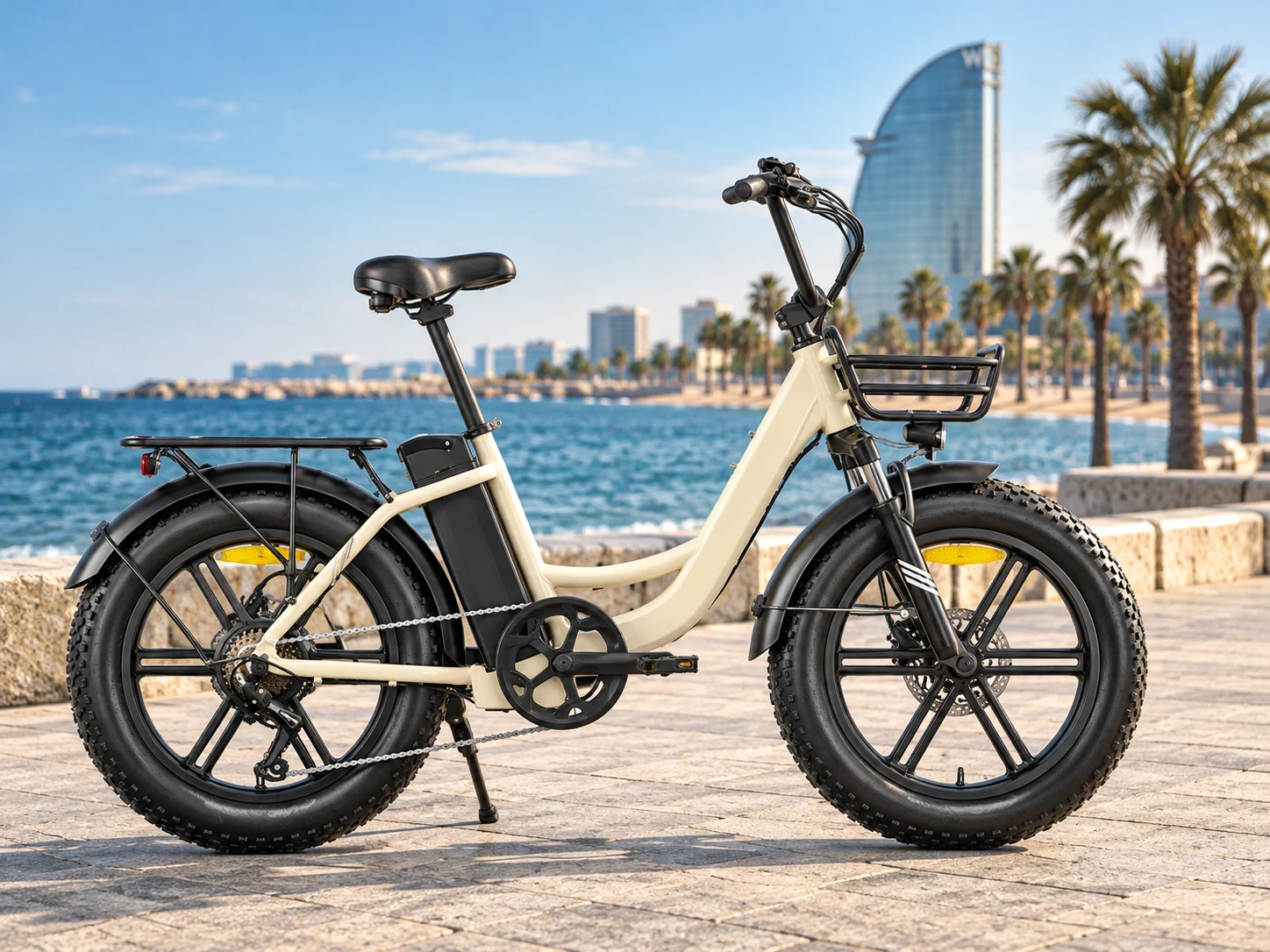 Urban Pioneer de color crema junto al mar en Barcelona