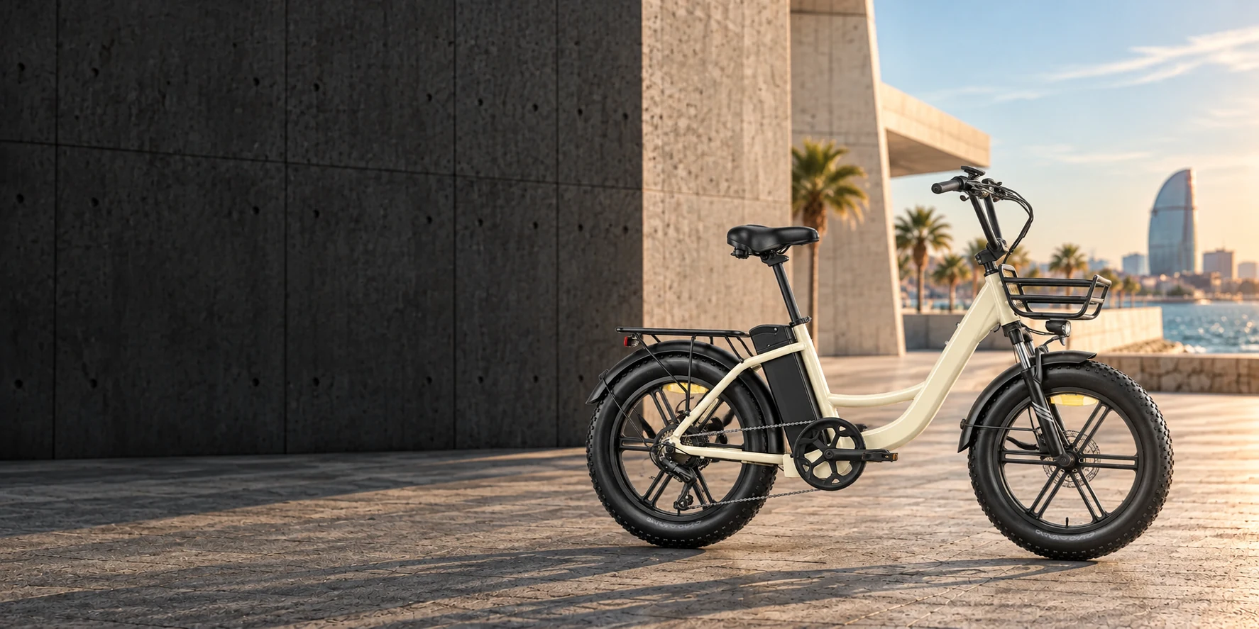 E-bike Urban Pioneer de color crema junto al paseo marítimo de Barcelona