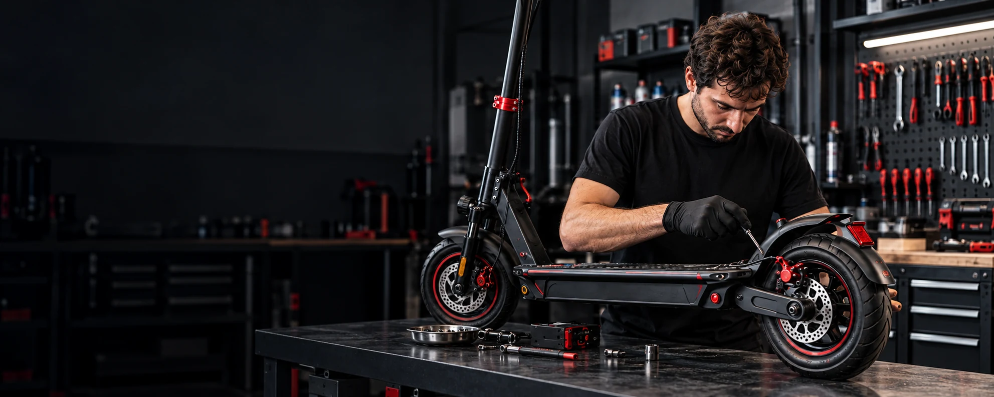 Un técnico revisa la rueda trasera de un patinete en un taller especializado