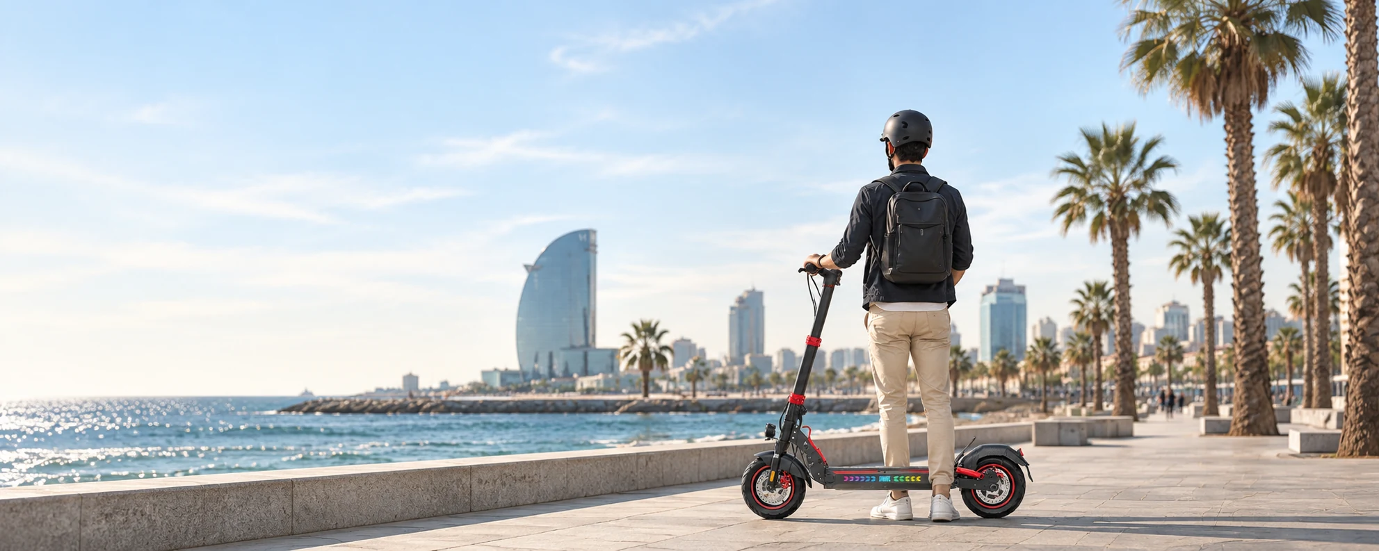 Una persona con casco y mochila junto a su patinete Zwheel, mirando el paseo marítimo de Barcelona
