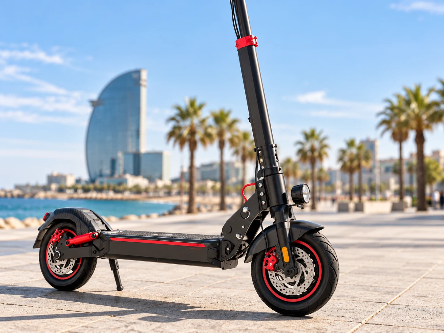 Detalle del chasis, la plataforma y las ruedas de un patinete Zwheel en el paseo marítimo de Barcelona