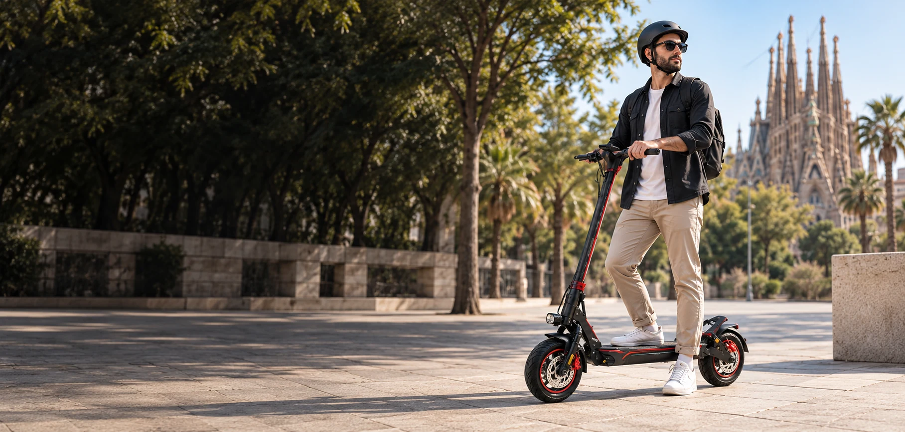 Un hombre con casco junto a un patinete Zwheel en Barcelona, con la Sagrada Familia al fondo